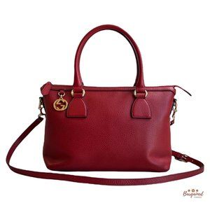 Authentic GUCCI Dollar Red Calfskin Leather GG Charm Satchel Tote Bag w/ Strap